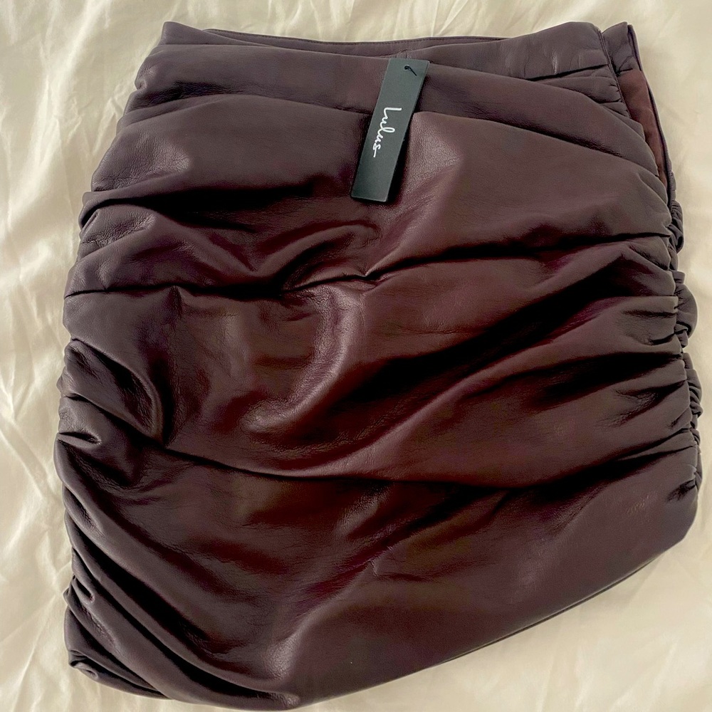 Lulu’s burgundy vegan leather asymmetrical mini skirt